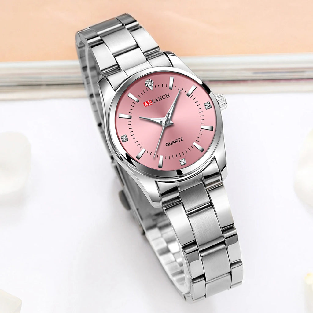 Luxury 29mm Women’s Stainless Steel Rhinestone Watch – Minimalist Pink