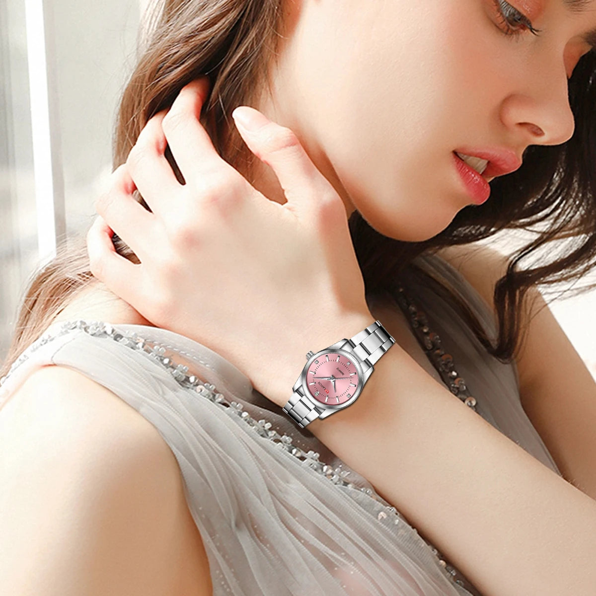 Luxury 29mm Women’s Stainless Steel Rhinestone Watch – Minimalist Pink