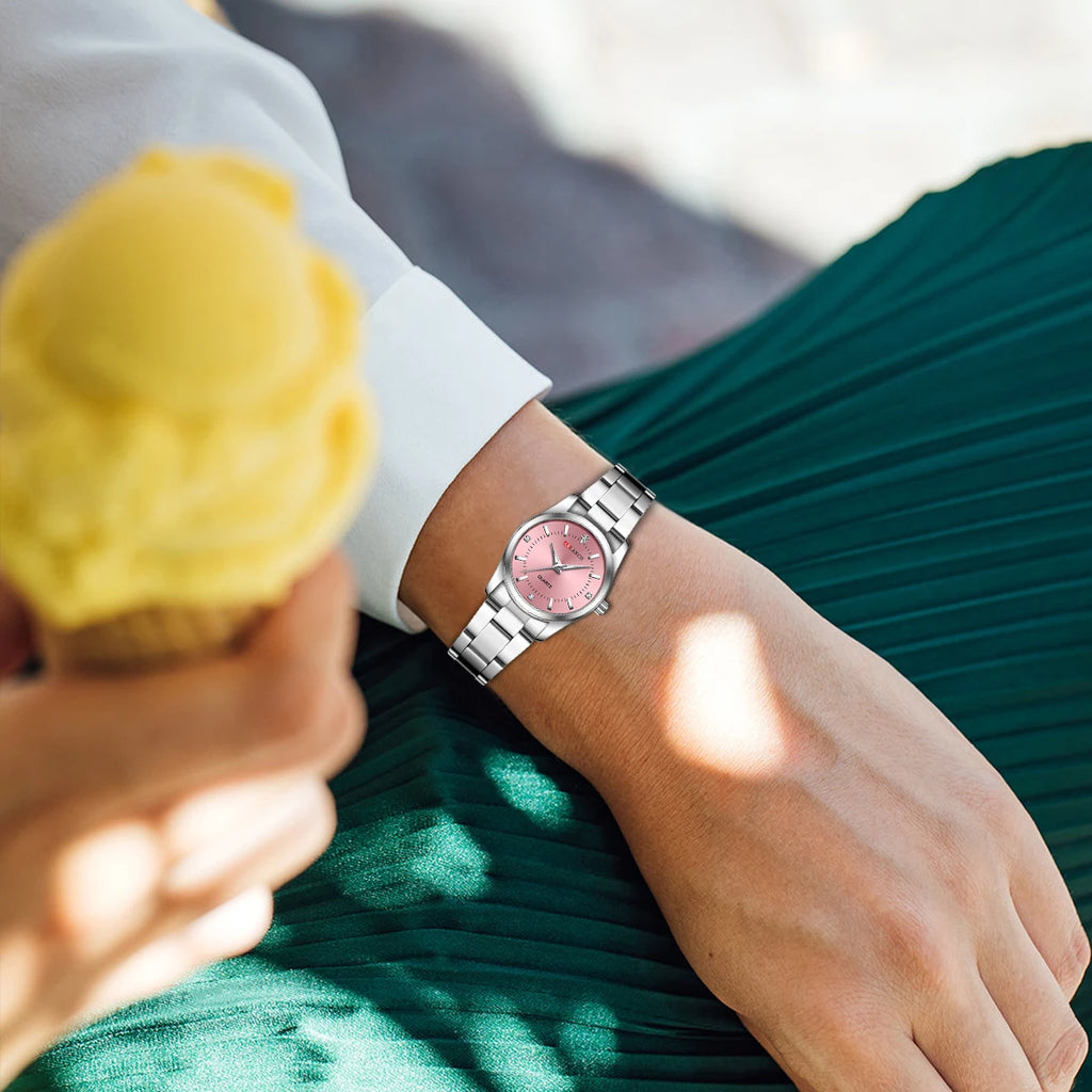 Luxury 29mm Women’s Stainless Steel Rhinestone Watch – Minimalist Pink