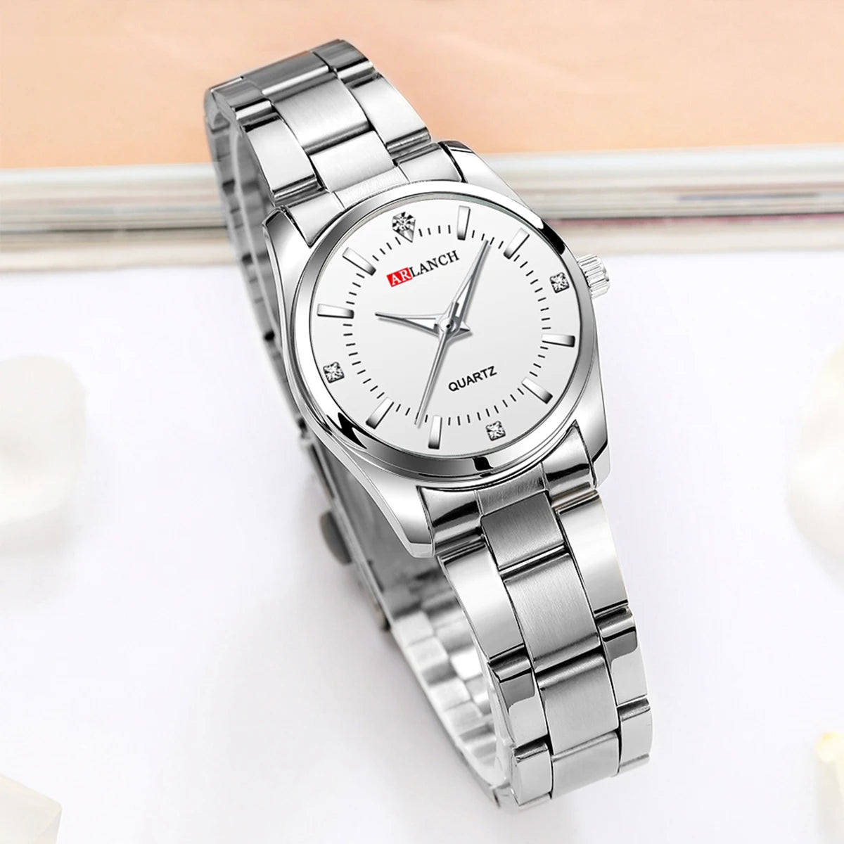 Luxury 29mm Women’s Stainless Steel Rhinestone Watch – Minimalist Pink