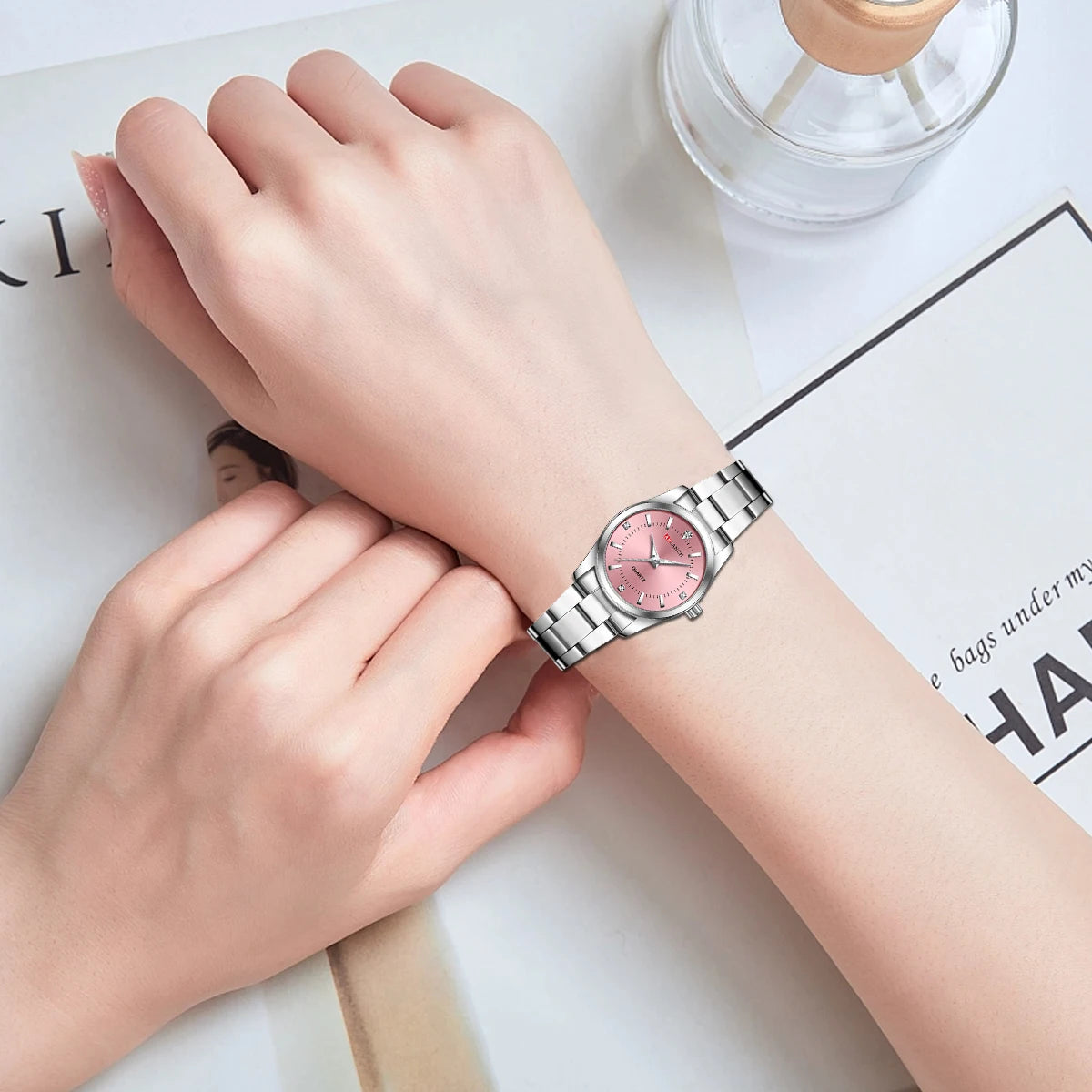 Luxury 29mm Women’s Stainless Steel Rhinestone Watch – Minimalist Pink