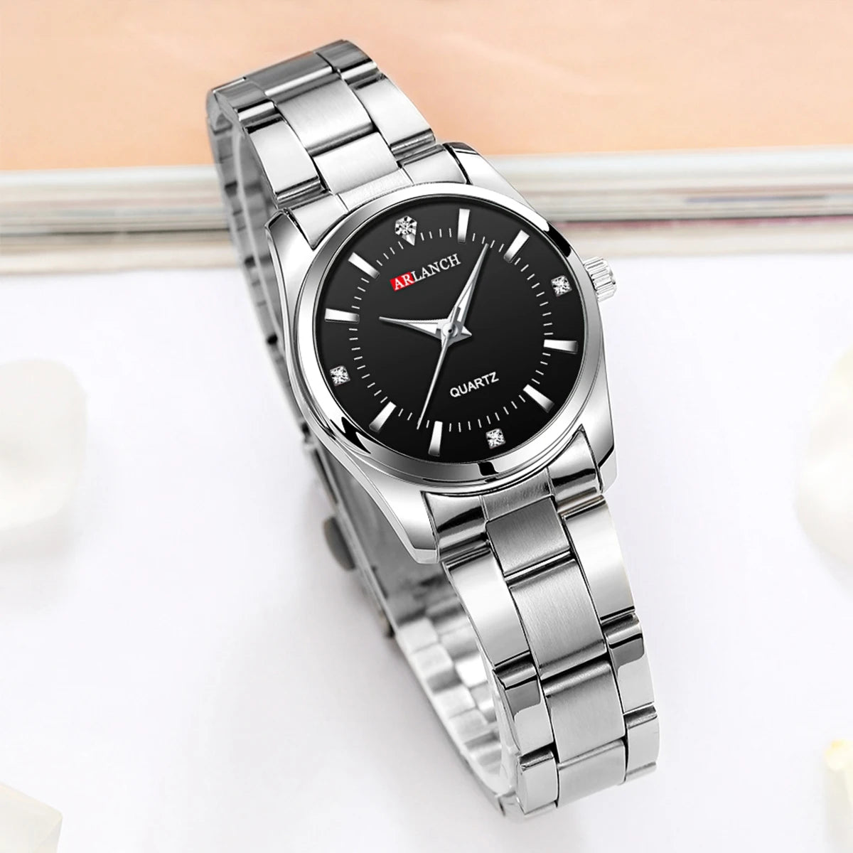 Luxury 29mm Women’s Stainless Steel Rhinestone Watch – Minimalist Pink