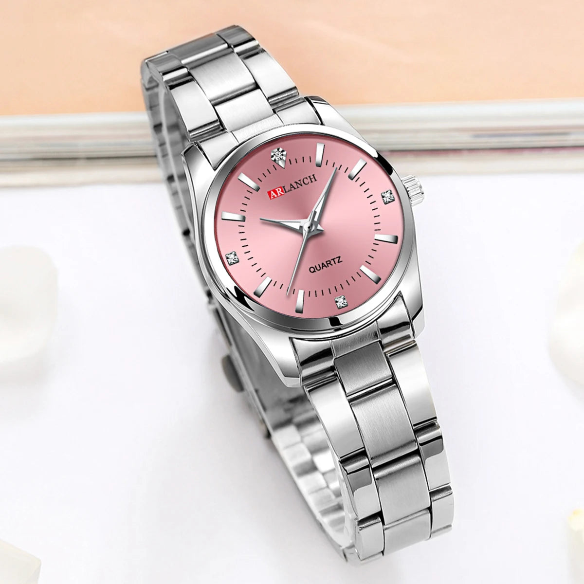 Luxury 29mm Women’s Stainless Steel Rhinestone Watch – Minimalist Pink