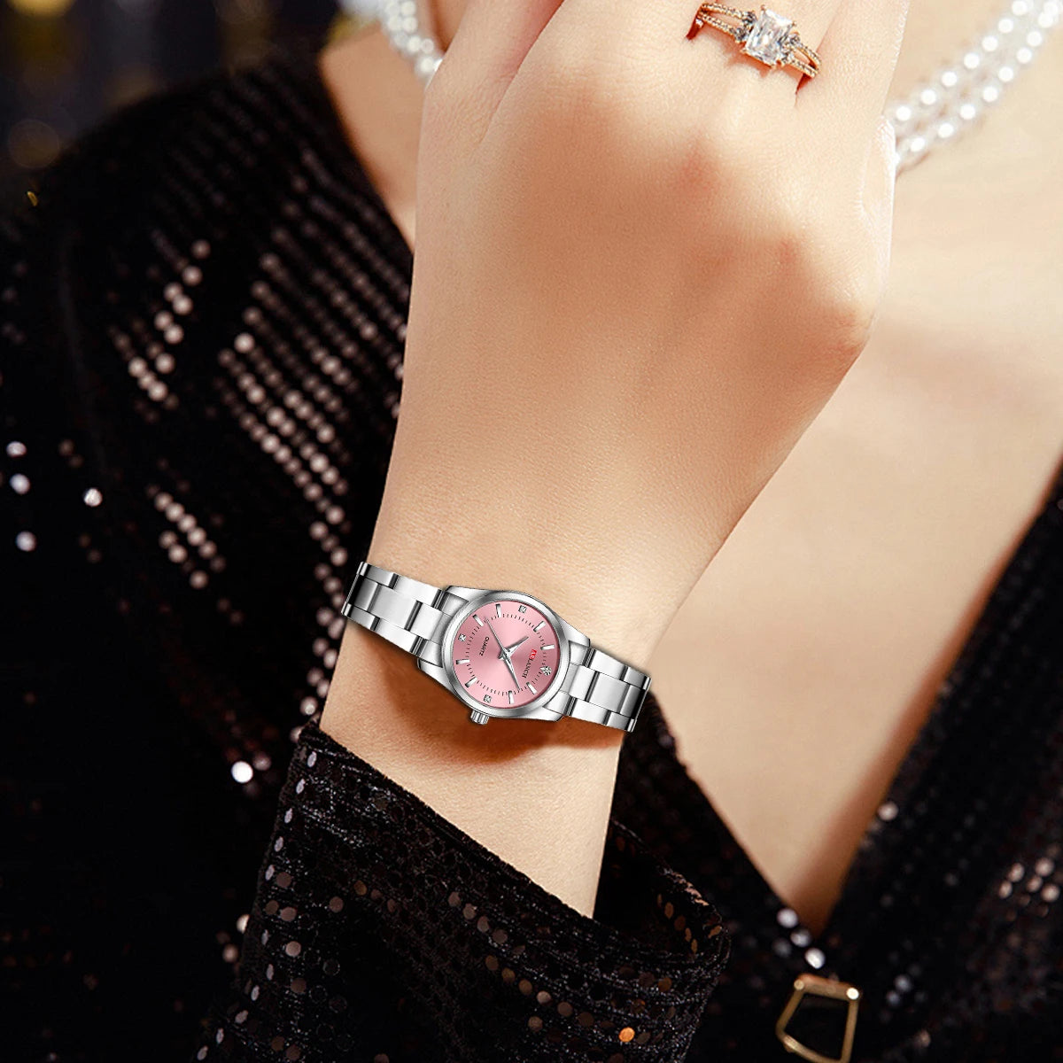 Luxury 29mm Women’s Stainless Steel Rhinestone Watch – Minimalist Pink